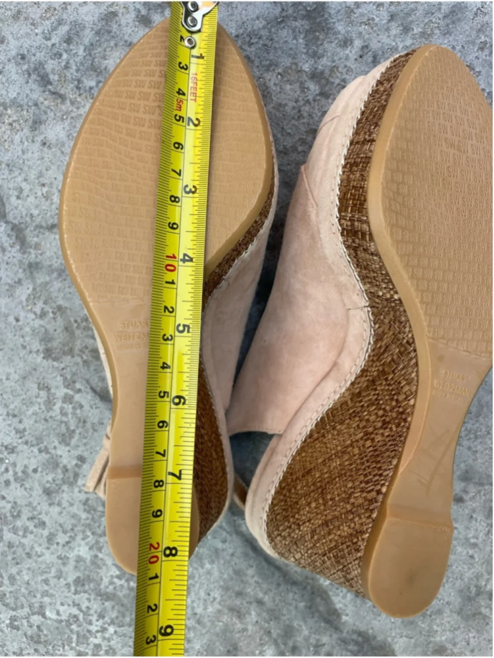 Stuart Weitzman Nude Suede Raffia Wedge Sandals Peep-Toe Slingback Beige - Picture 4 of 8